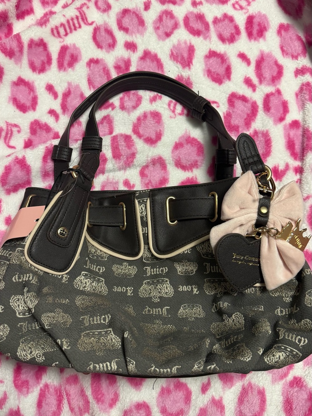 Juicy Couture Black Logo Shoulder Bag with Pink Bow Charm